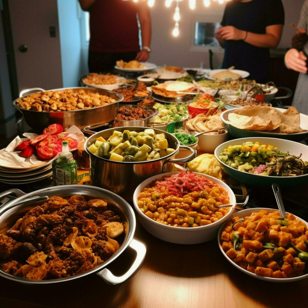 ein Gemeinschaft Potluck mit ein Vielfalt von Geschirr foto