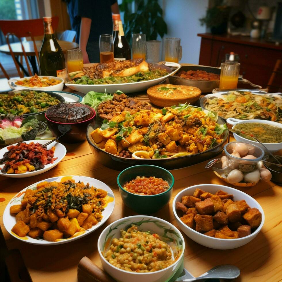 ein Gemeinschaft Potluck mit ein Vielfalt von Geschirr foto