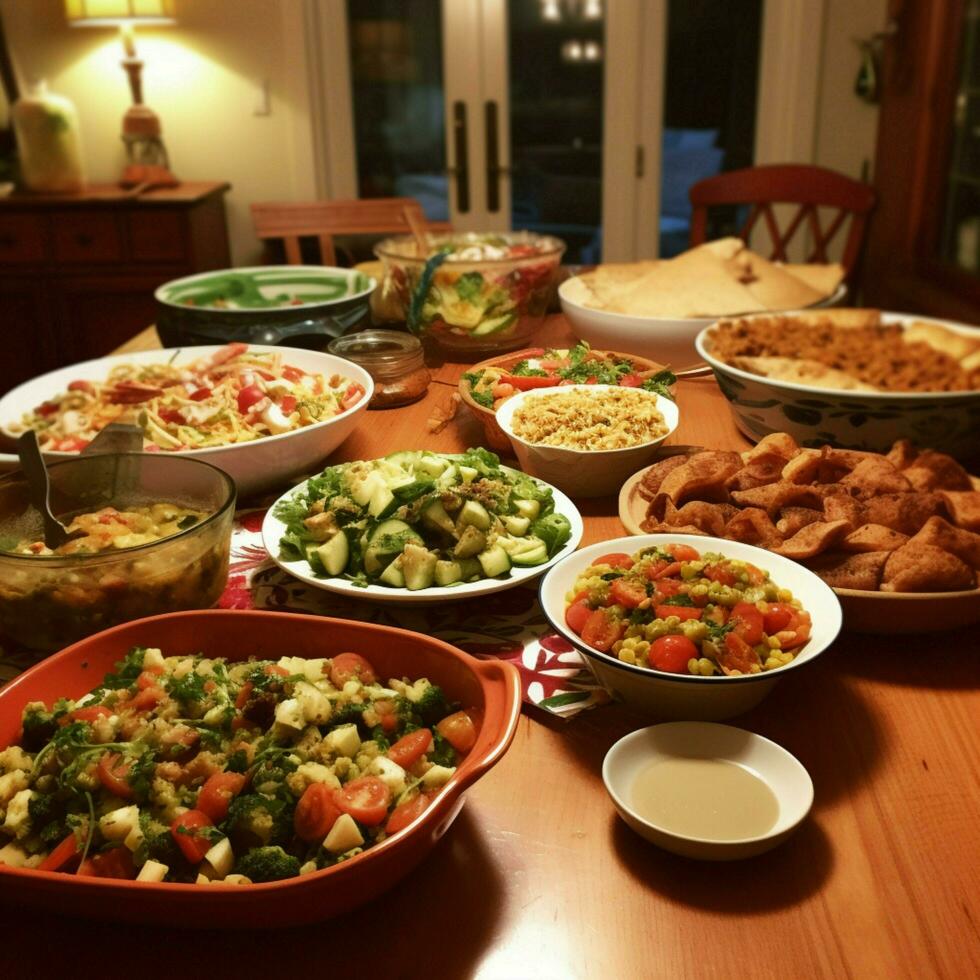 ein Gemeinschaft Potluck mit ein Vielfalt von Geschirr foto