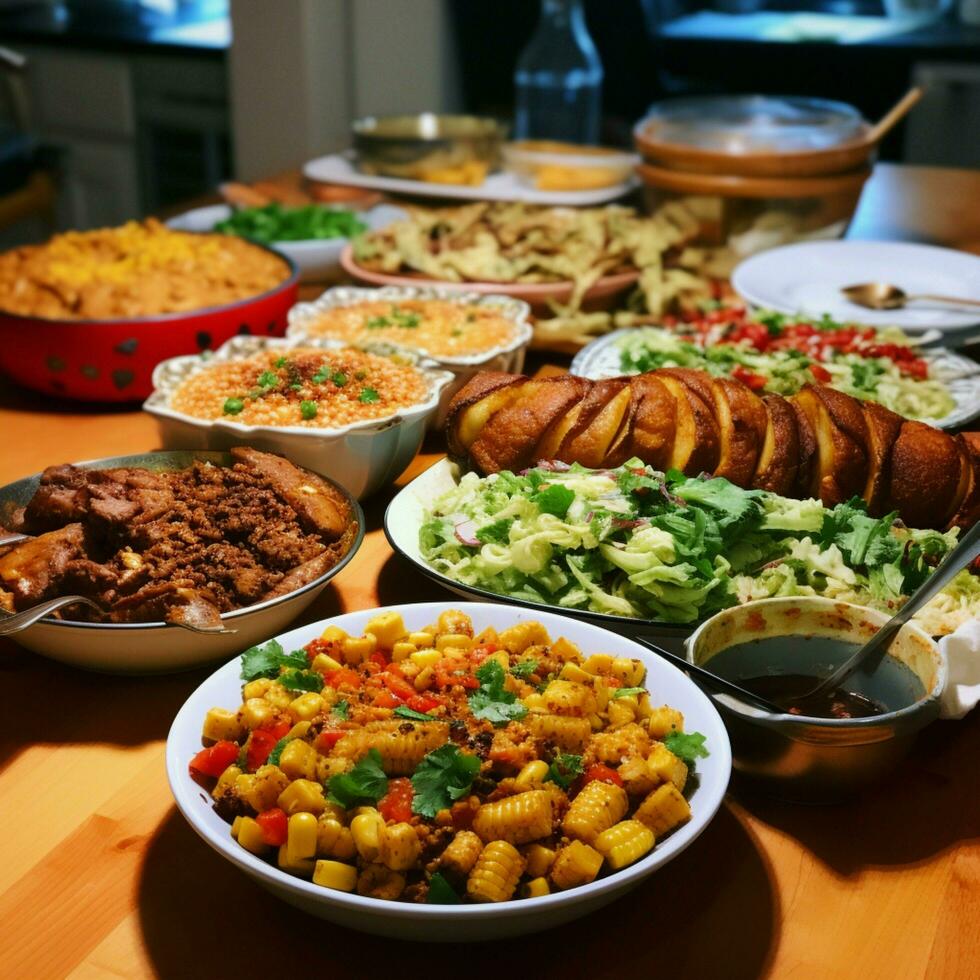 ein Gemeinschaft Potluck mit ein Vielfalt von Geschirr foto