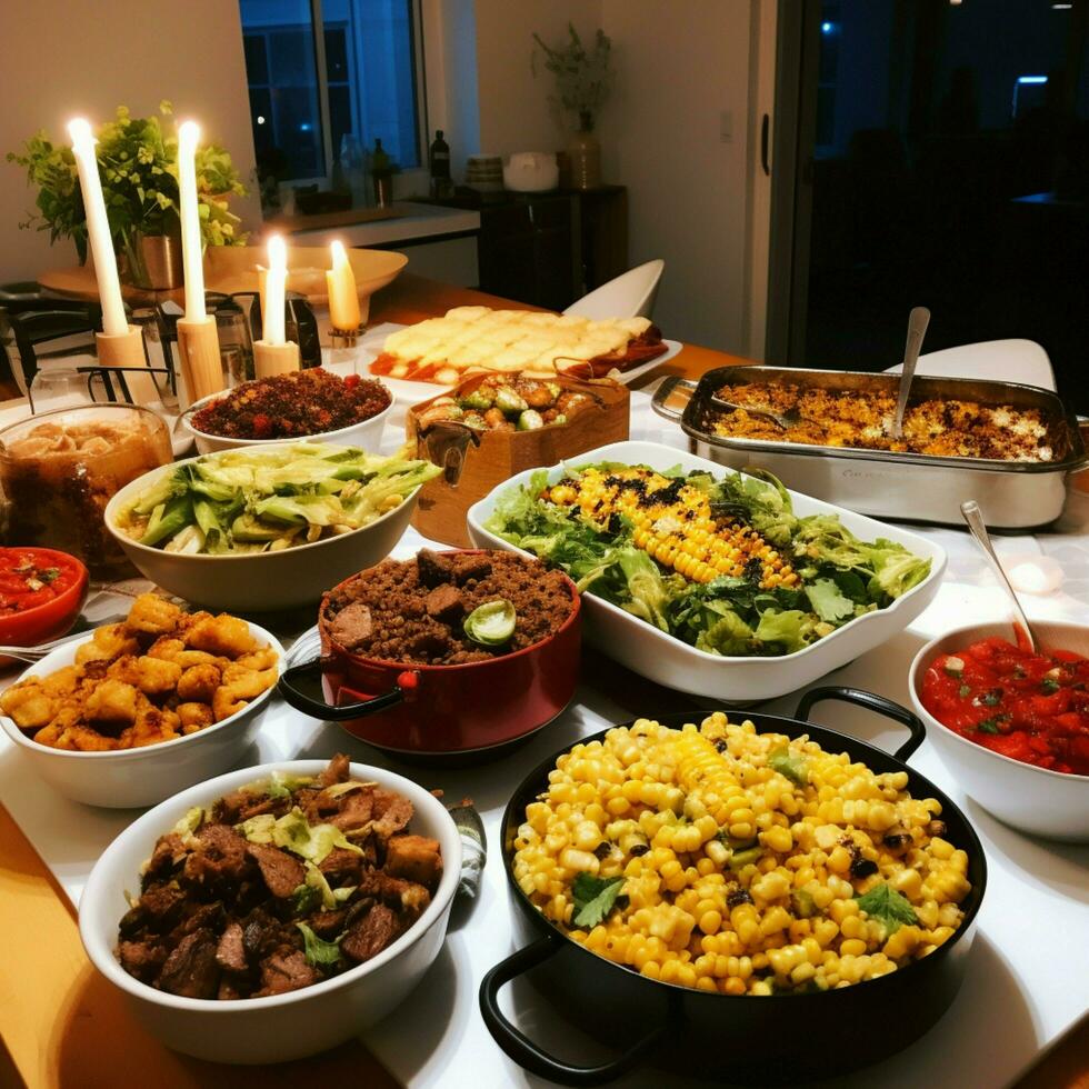 ein Gemeinschaft Potluck mit ein Vielfalt von Geschirr foto