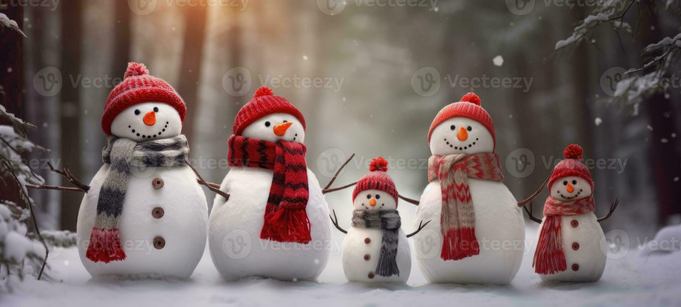 Familie Schneemann mit Schal im Schnee Wald Gruß Karte Weihnachten Weihnachten foto