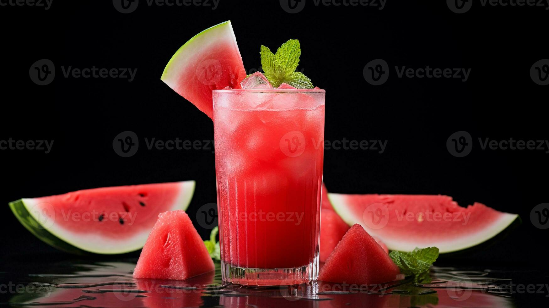 Foto von ein Wassermelone Saft isoliert auf eben schwarz Hintergrund. generativ ai