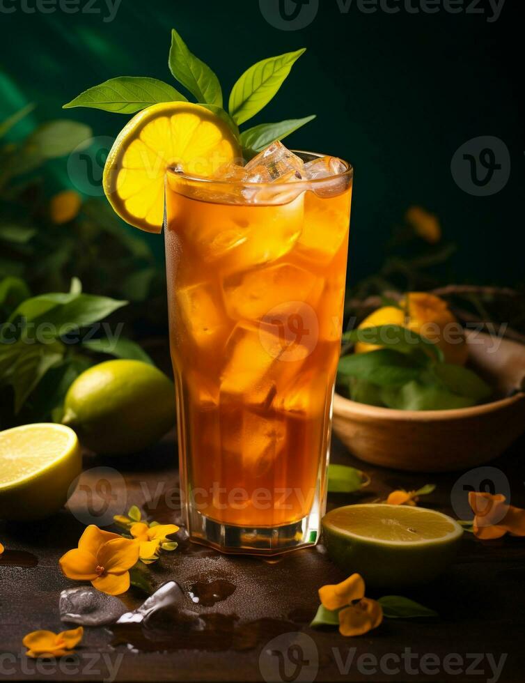 Foto von etwas Mango vereist Tee trinken elegant plattiert auf ein Tisch. generativ ai