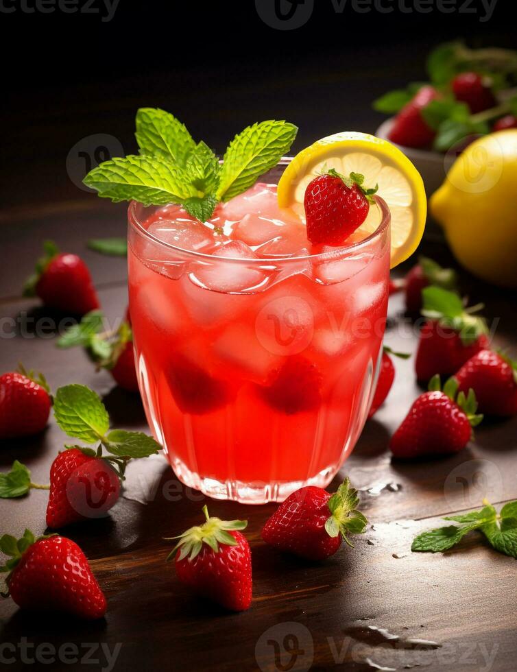 Foto von etwas Erdbeere Limonade trinken elegant plattiert auf ein Tisch. generativ ai