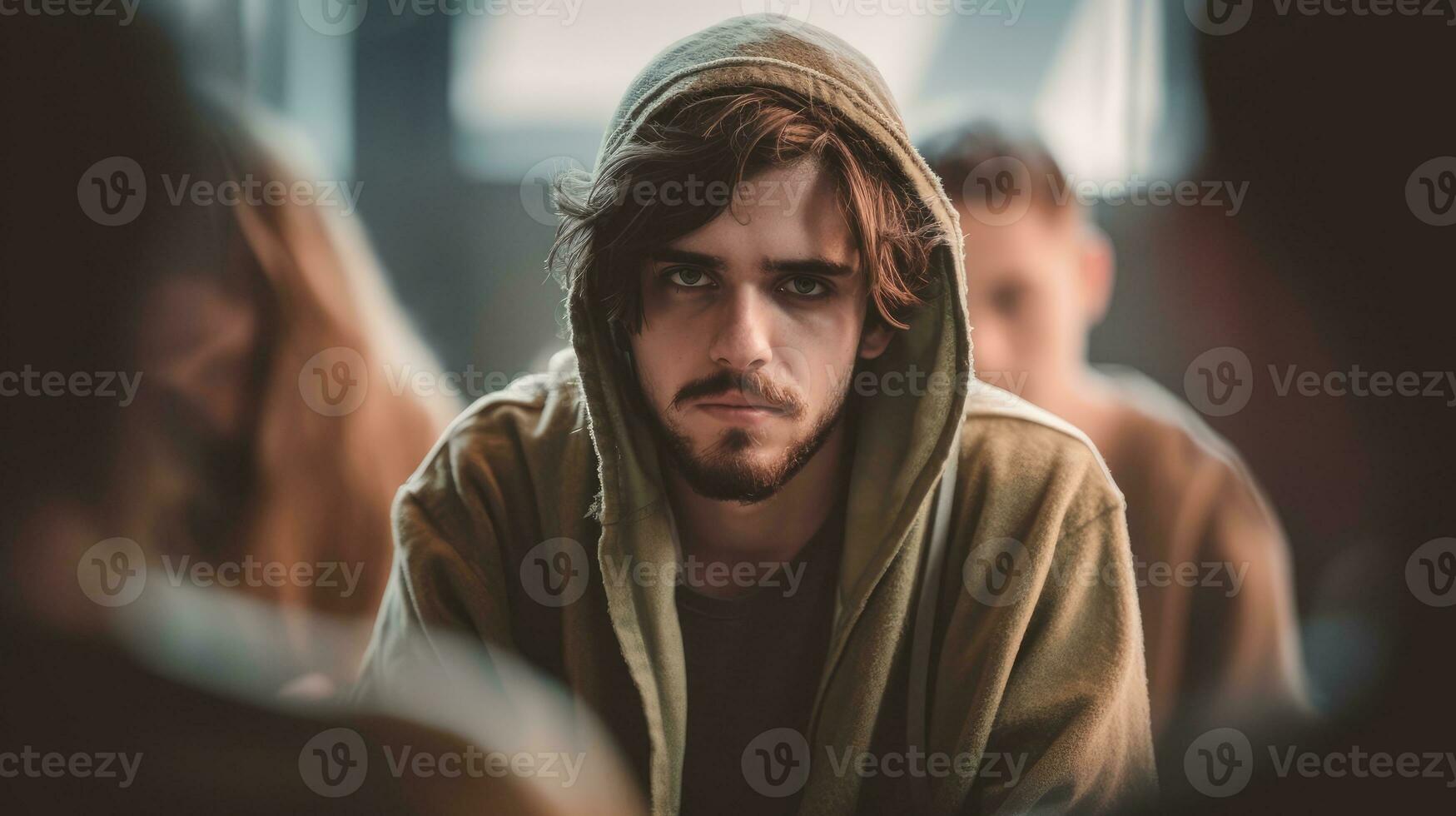 emotional Zustand von ein Mann Sitzung im das Mitte von ein Unterstützung Gruppe treffen. generativ ai foto