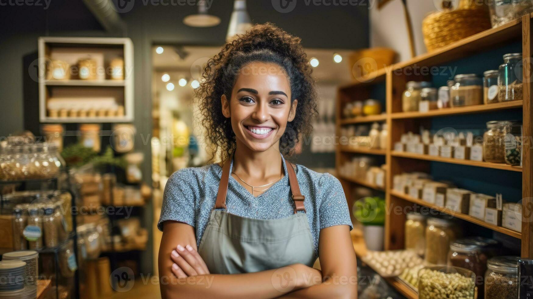 glücklich Frau Arbeiten im ein Gegend Lebensmittelgeschäft Geschäft mit ein aufrichtig lächeln. generativ ai foto