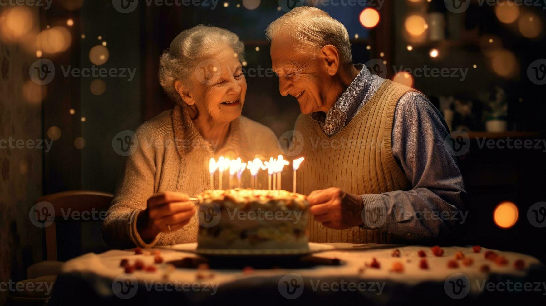 bezaubernd Alten Mann und Ehefrau feiern ihr Geburtstag glücklich. generativ ai foto