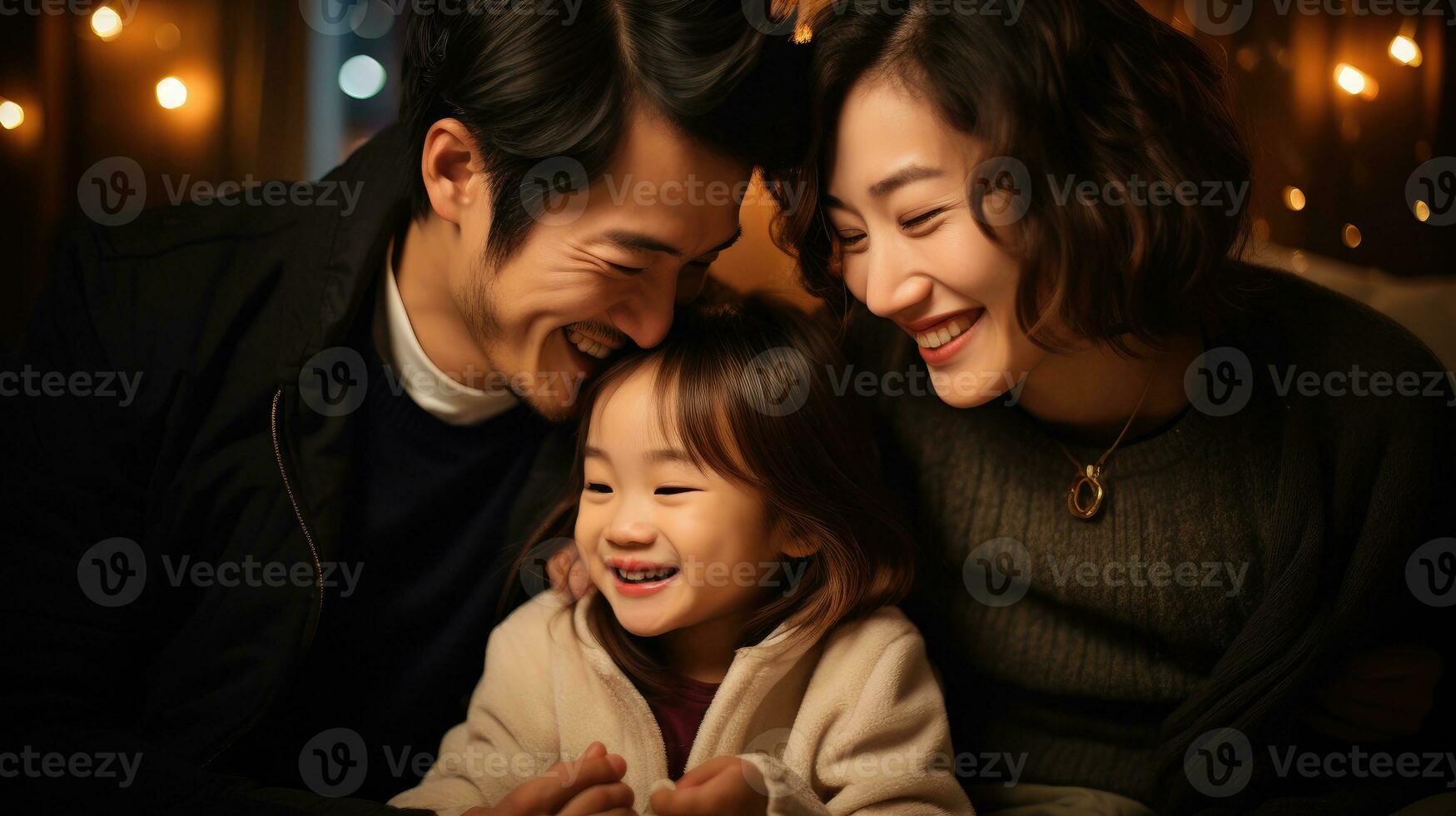 ein glücklich Familie sitzt glücklich im ihr Leben Zimmer. generativ ai foto