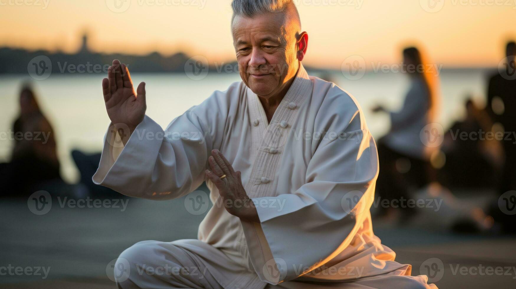 tai Chi Meister ausüben auf das Strand. generativ ai foto