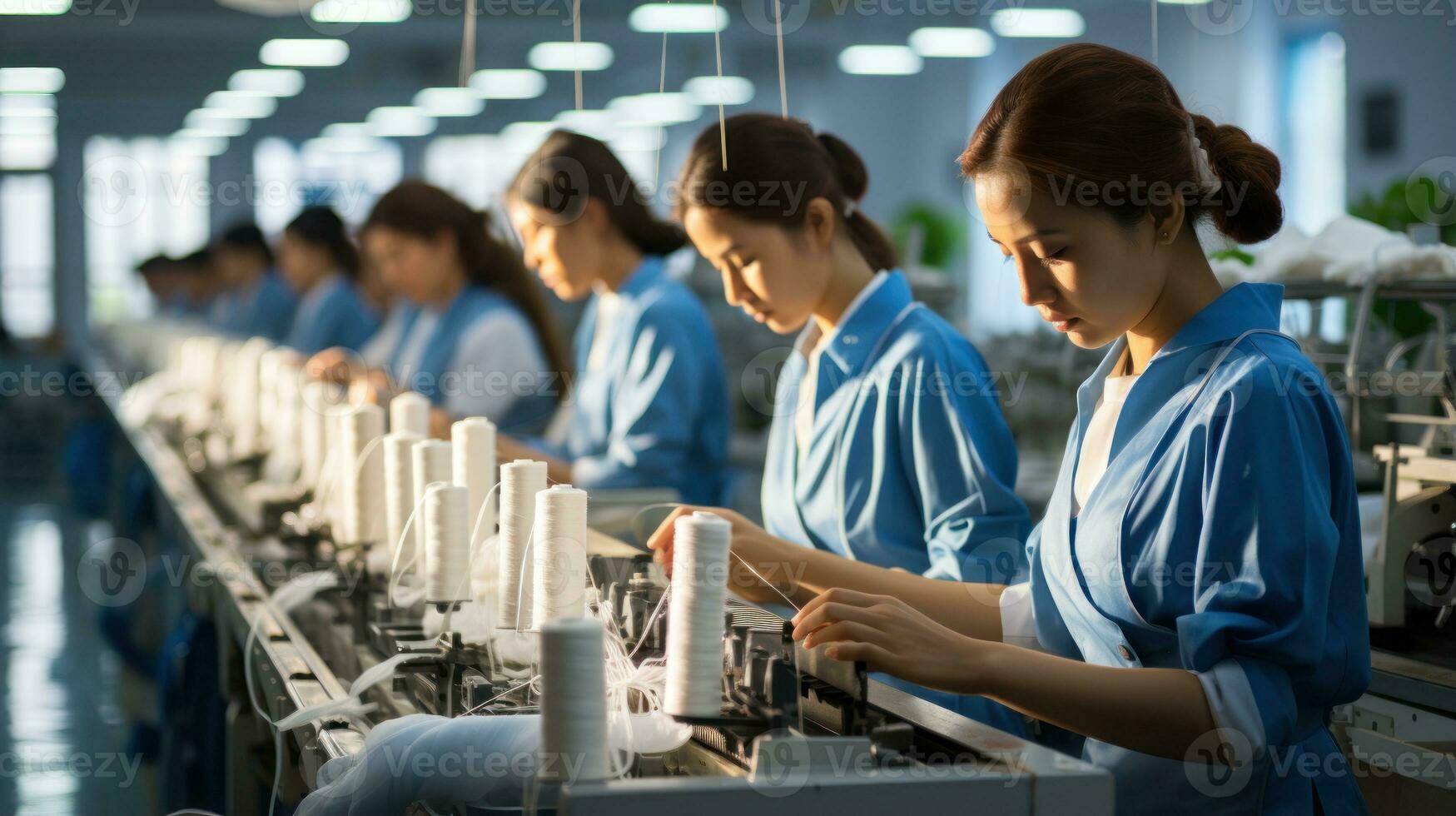Frauen Arbeiten Weberei Maschinen im ein Textil- Fabrik. generativ ai foto