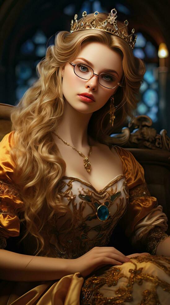 schön Prinzessin tragen Brille mit mittelalterlich Kleid. generativ ai foto