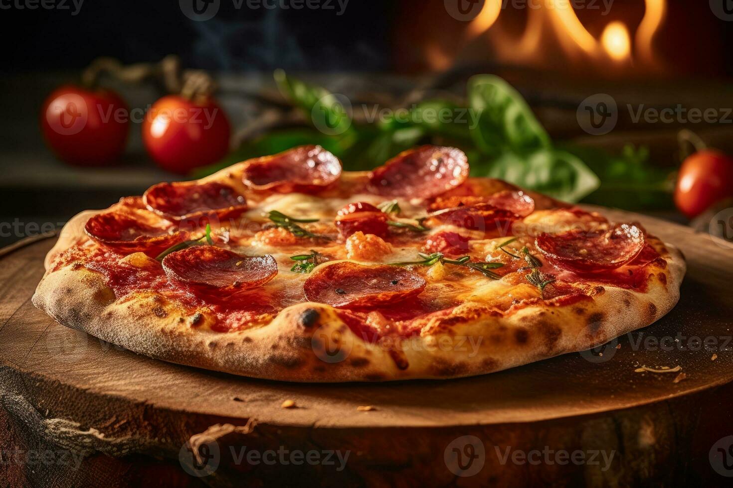 ai generativ Foto von ein Pizza mit Salami und Tomaten auf hölzern Tabelle