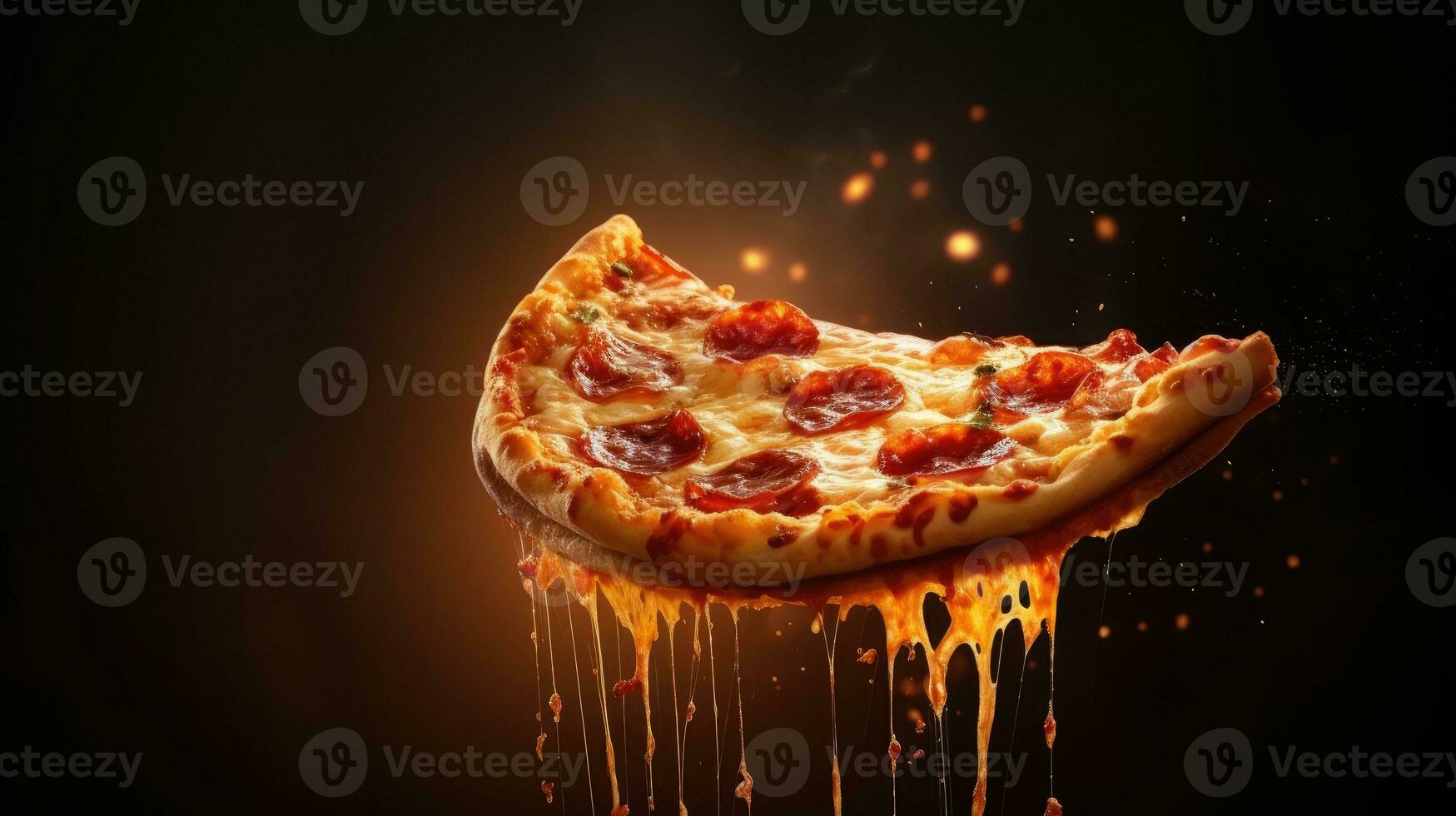 Scheibe von Pizza fallen in das Luft auf ein dunkel Hintergrund. foto