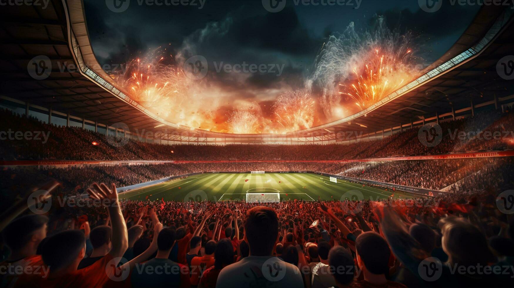 Fußball Stadion mit Fans und Feuerwerk beim Nacht foto