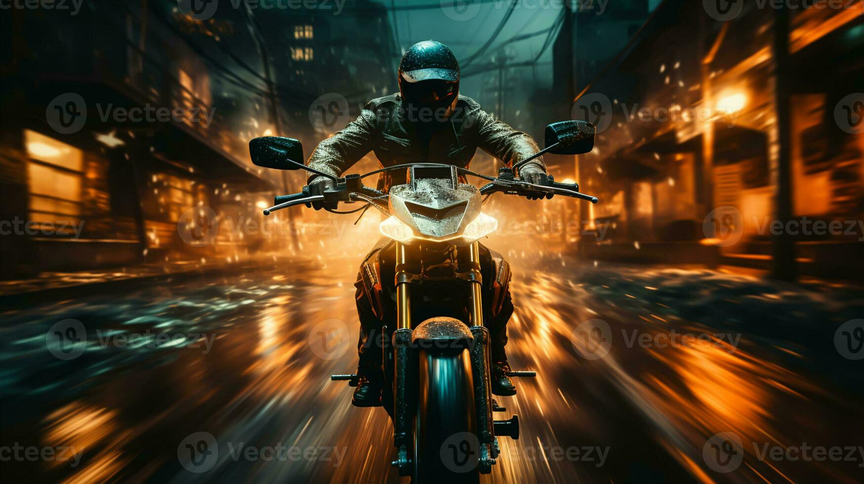 Motorradfahrer Reiten auf das Straße im das Stadt beim Nacht. foto