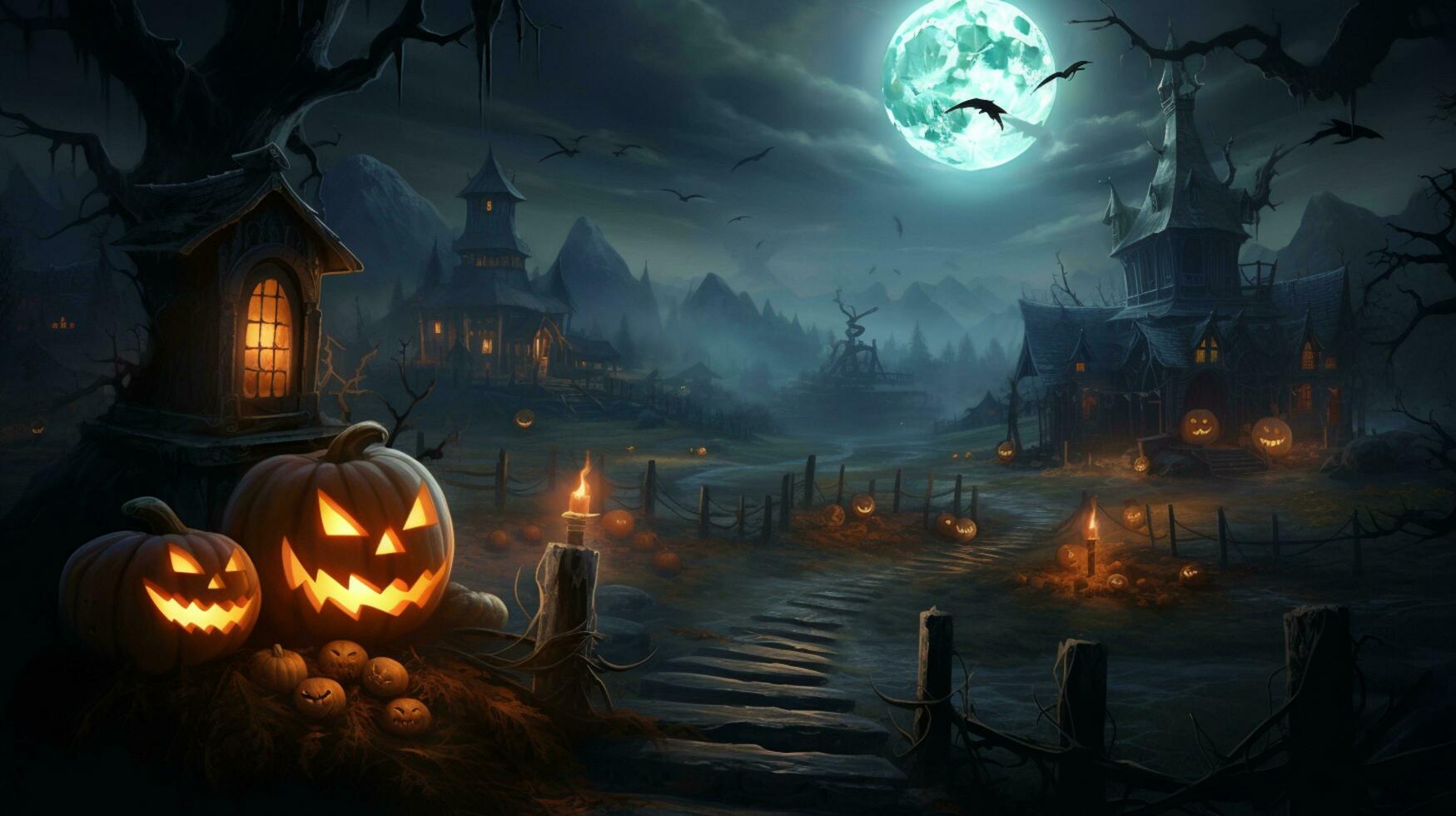 Halloween Hintergrund mit Kürbisse und verfolgt Haus - - Halloween Hintergrund mit böse Kürbis. gespenstisch unheimlich dunkel Nacht Wald. Urlaub Veranstaltung Halloween Banner Hintergrund Konzept foto