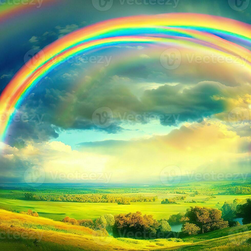 ein magisch Sicht wie das Regenbogen verbindet das Berge und das Himmel nach ein erfrischend Regen , ai generiert foto
