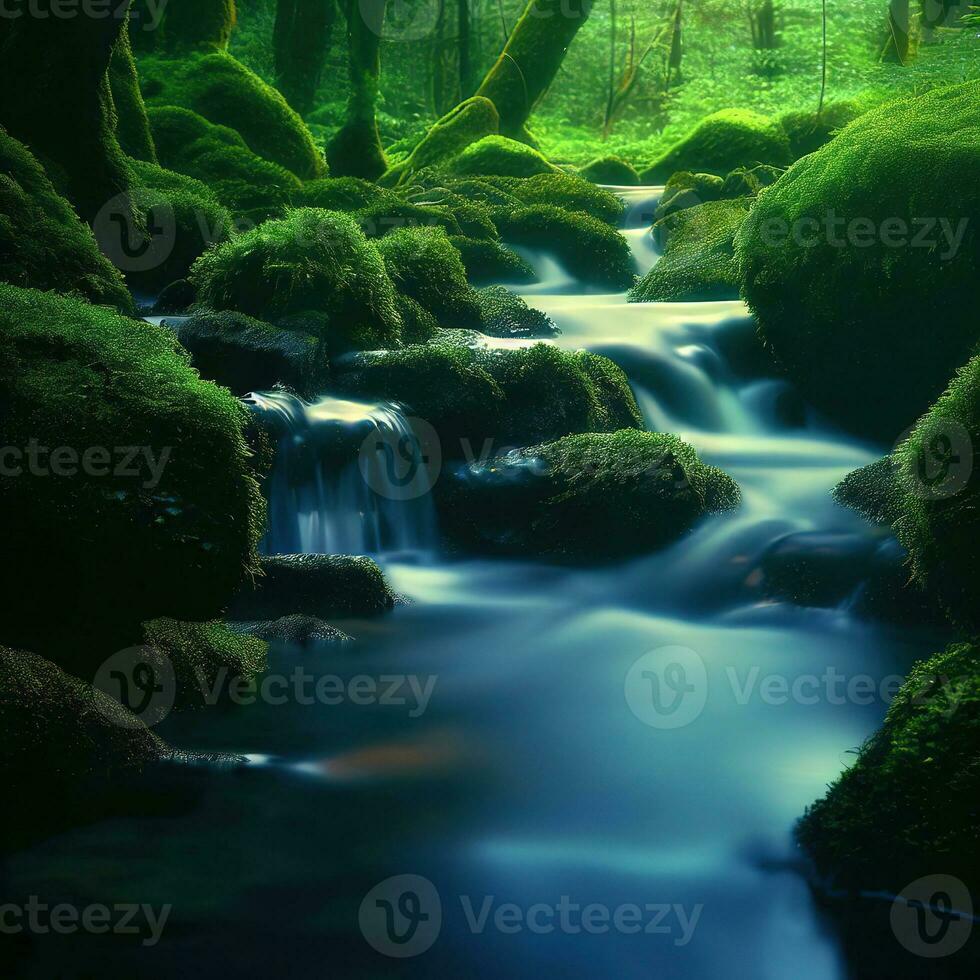 Strom im Wald, klein Fluss im das Wald, Baum Pflanze und Moos , ai generiert foto