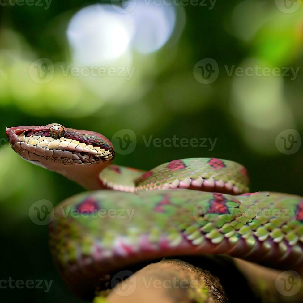 ein Nahansicht von das Trimeresurus Kanburiensis Schlange, Aufschlussreich es ist faszinierend Waage und einzigartig Färbung , ai generiert foto