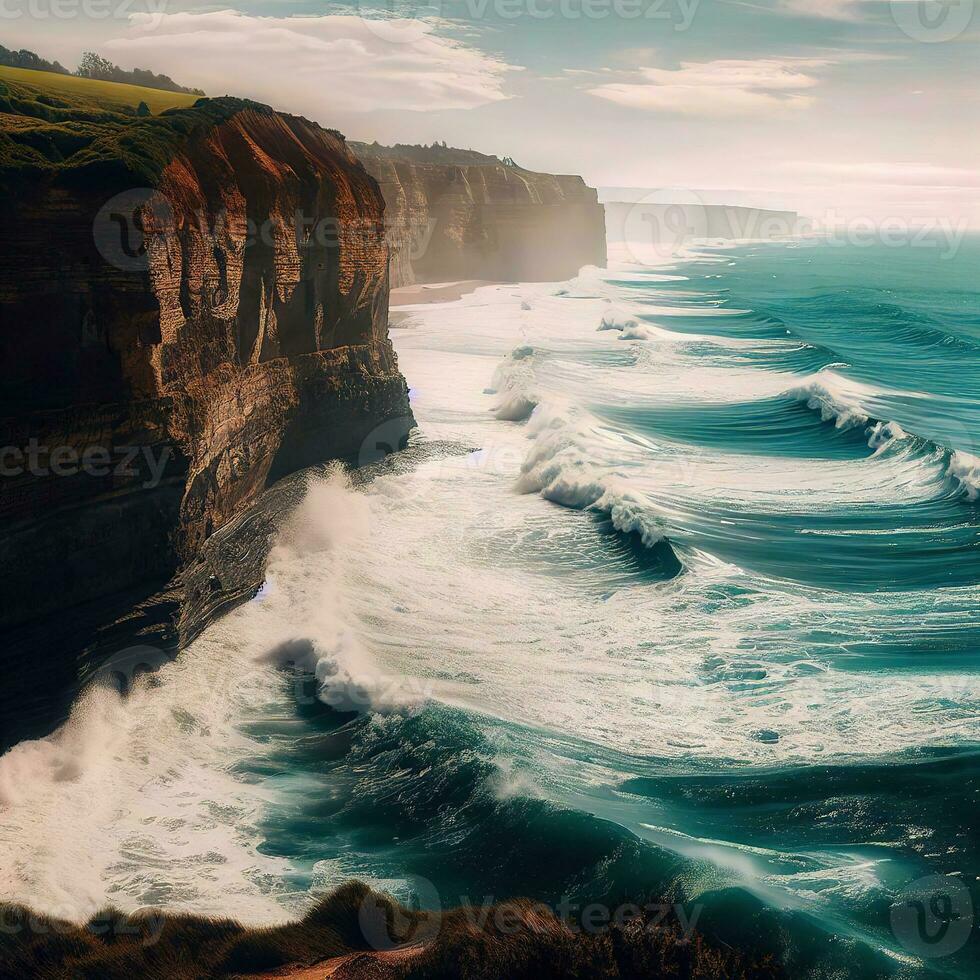 Seelandschaft mit Felsen Cliff, Meer Ufer Berge , ai generiert foto