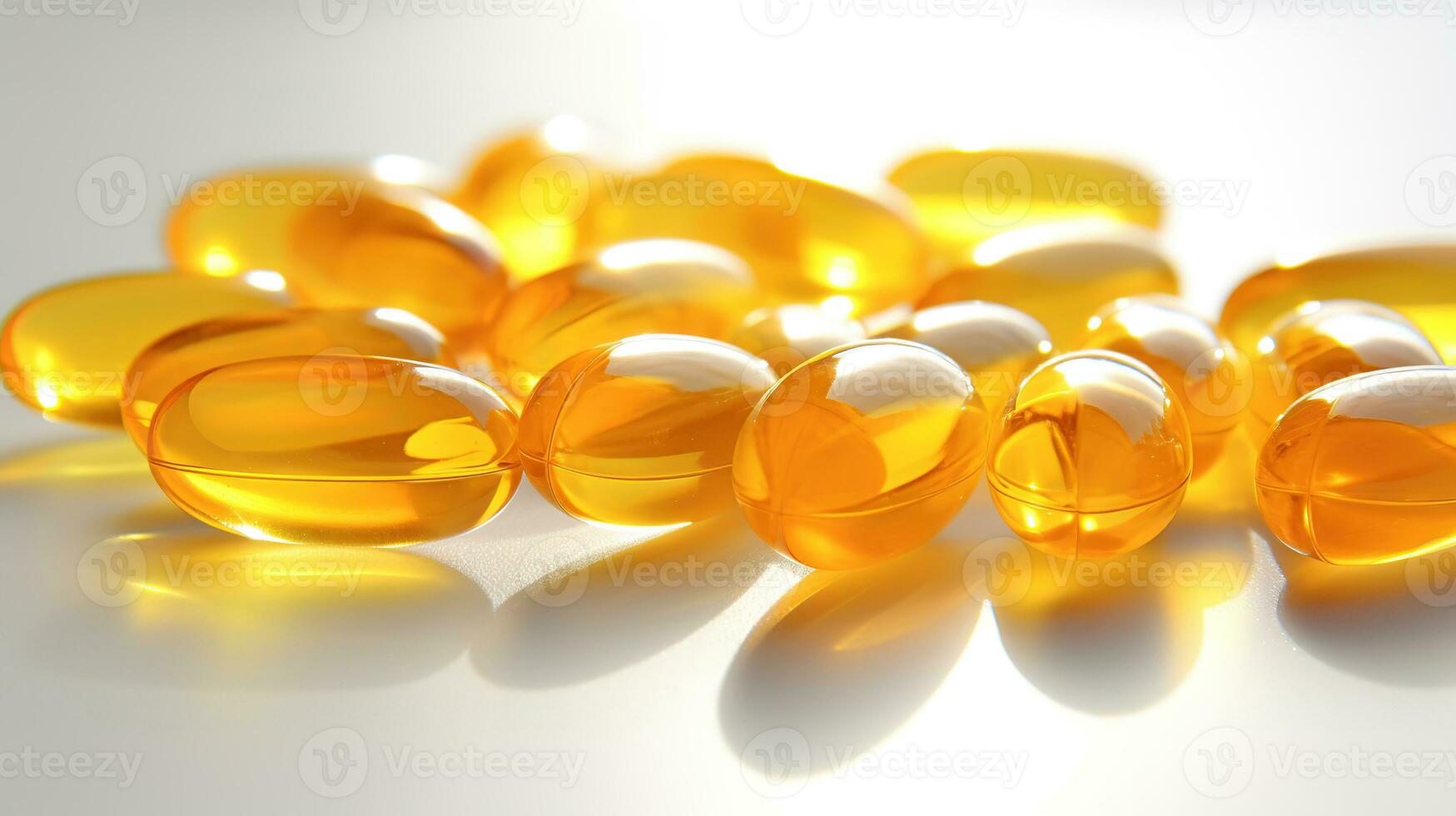 transparent Gelb Vitamine auf ein Licht Hintergrund. Vitamin D, Omega 3, Omega 6, Essen Ergänzung Öl gefüllt Fisch Öl, Vitamin A, Vitamin e, Leinsamen Öl. foto