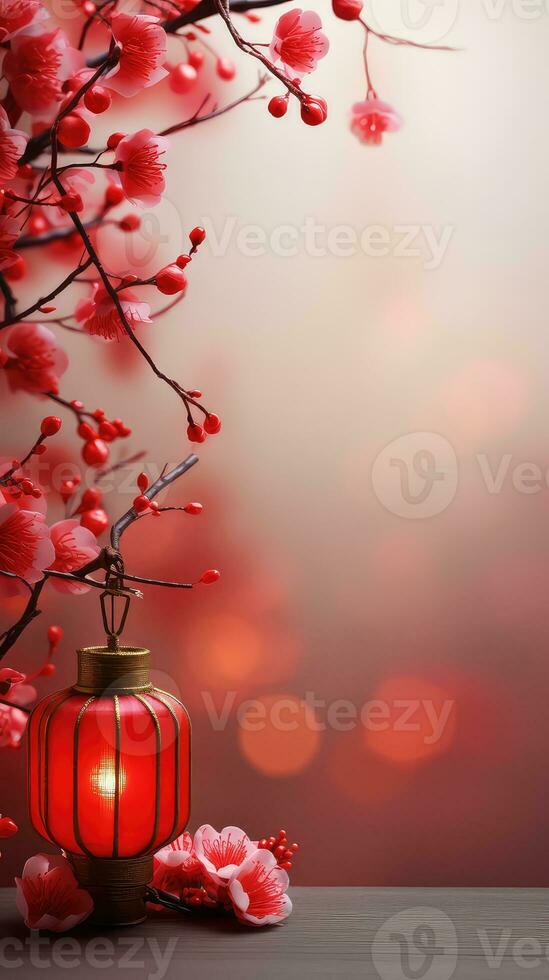 Chinesisch Neu Jahr rot Hintergrund mit Pflaume blühen und 3d Laterne Elemente ai generiert foto