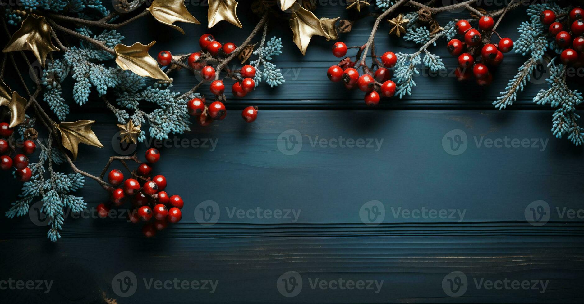 Weihnachten Hintergrund mit Dekoration mit Tanne Geäst und rot Beeren auf dunkel Blau Holz Tisch, Winter Urlaub Gruß Konzept, generativ ai foto