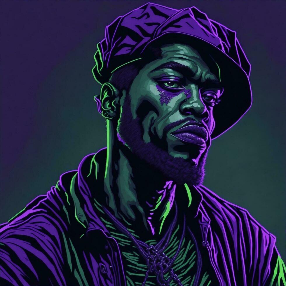 schwarz Rapper Illustration mit Duotone Stil, lila und Grün Farbe, ai generativ foto