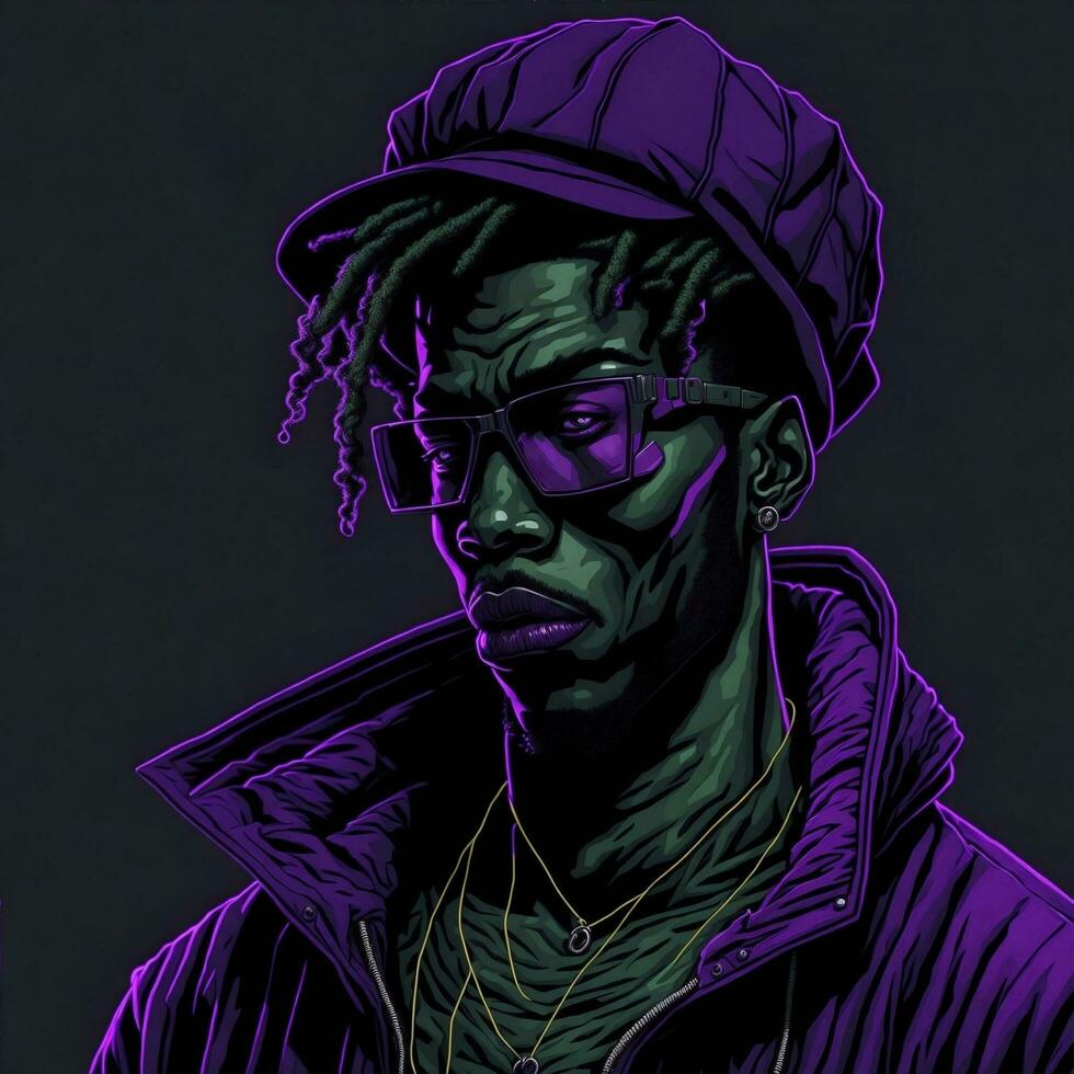 schwarz Rapper Illustration mit Duotone Stil, lila und Grün Farbe, ai generativ foto