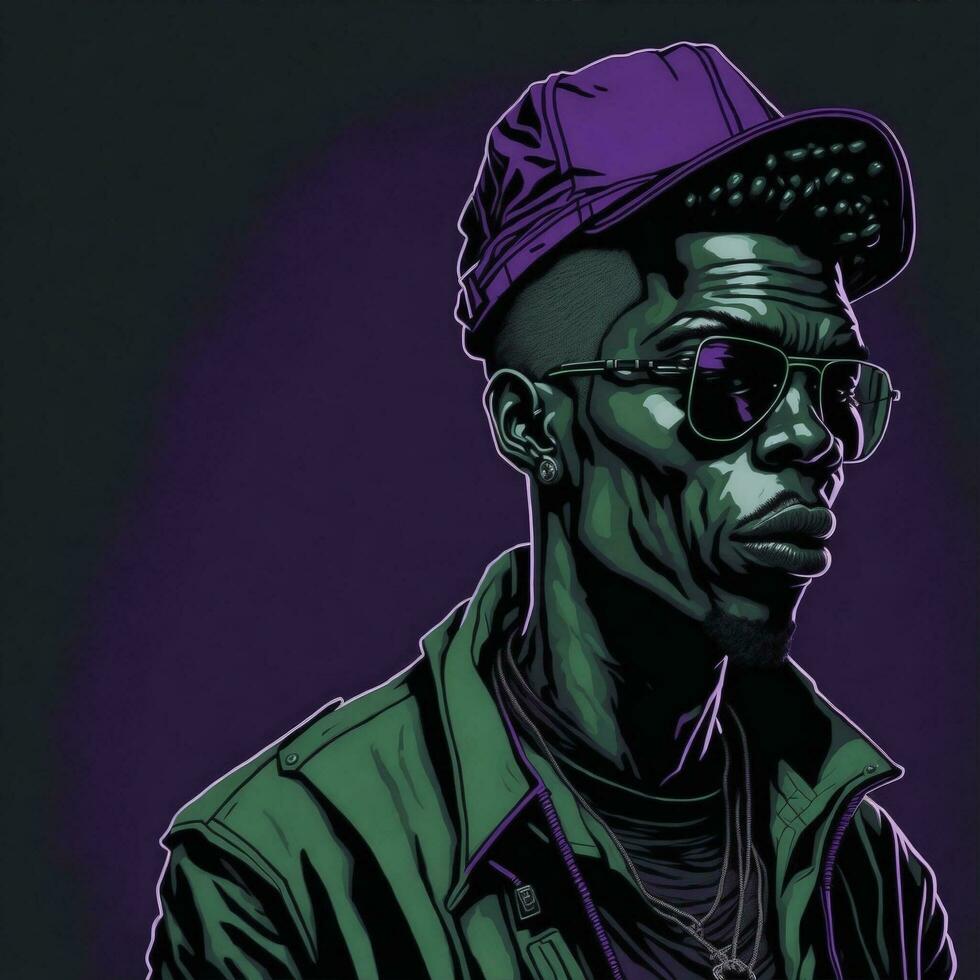 schwarz Rapper Illustration mit Duotone Stil, lila und Grün Farbe, ai generativ foto