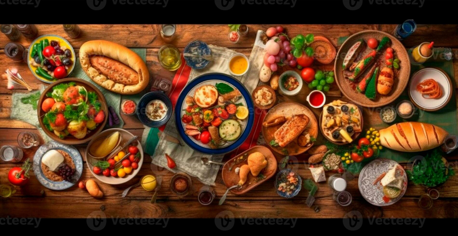 festlich Tisch, viele Geschirr von anders Länder von das Welt - - ai generiert Bild foto