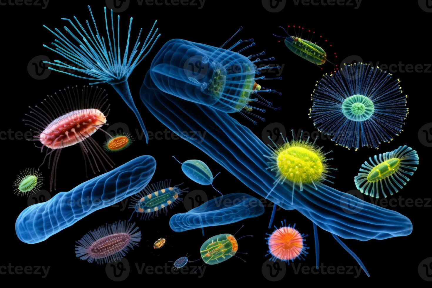 kompliziert Ultra vergrößert Visualisierung von Marine Plankton Spezies unter Mikroskop foto