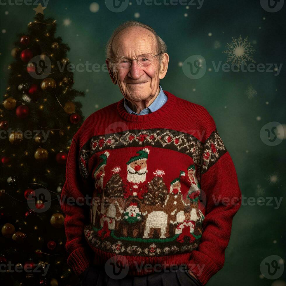 alt Mann tragen ein Weihnachten Sweatshirt mit ein Muster von Schneemänner, Bäume, und Rentier, Stehen im Vorderseite von ein dekoriert Weihnachten Baum - - ai generativ foto