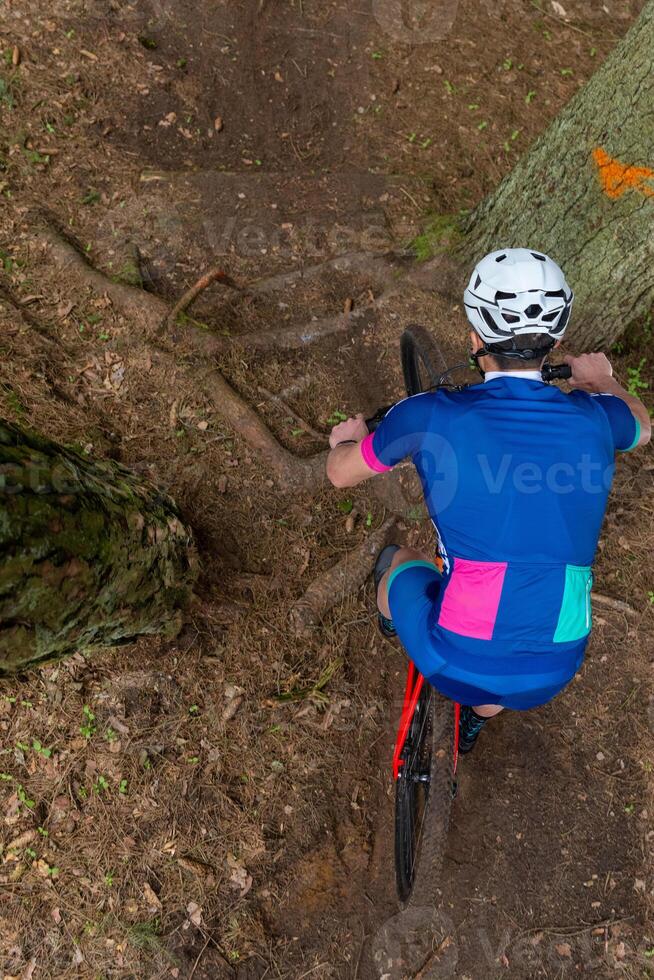 Mann Reiten ein Berg Fahrrad durch ein bewaldet Bereich auf Sommer- Tag. foto