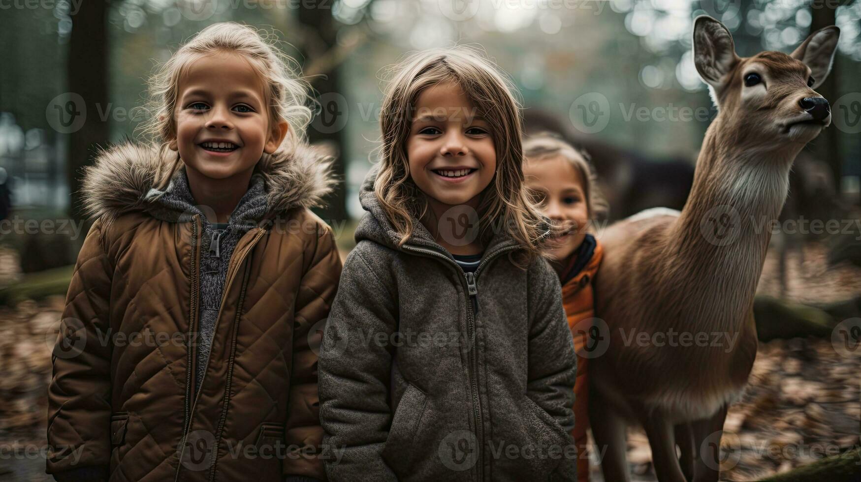 Porträt Kinder mit Hirsche im das Zoo ai generativ foto