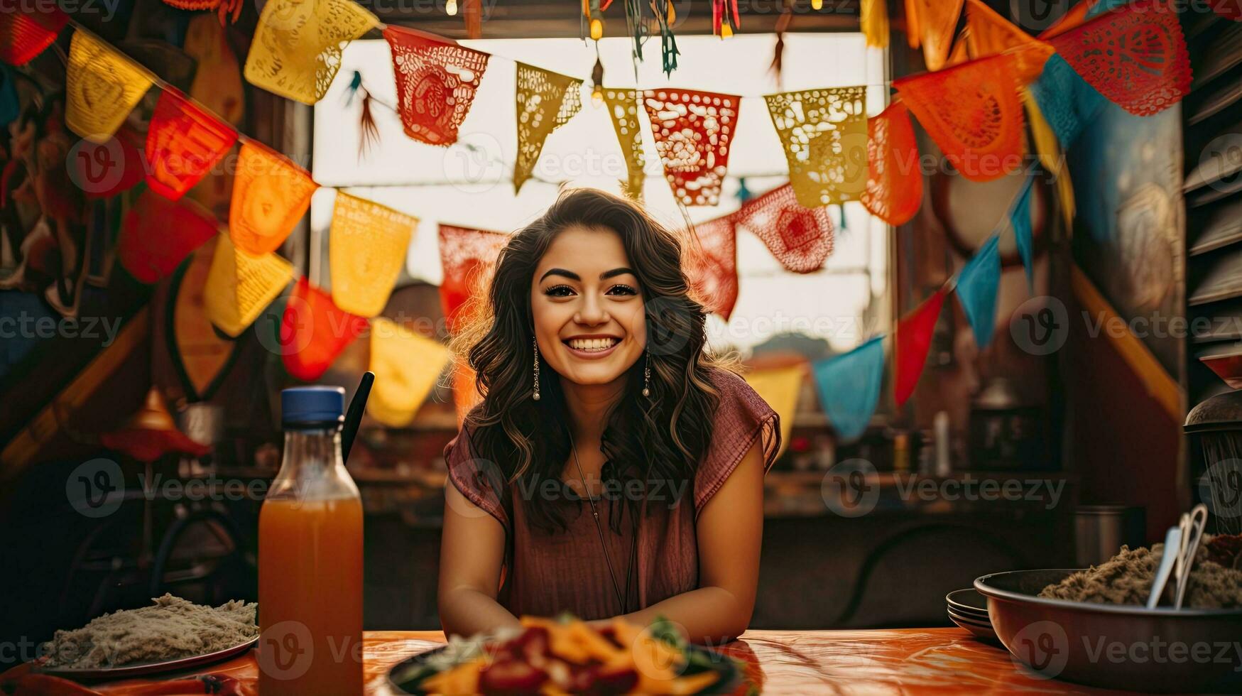Porträt schön Frau mit Tacos auf das Tabelle ai generativ foto