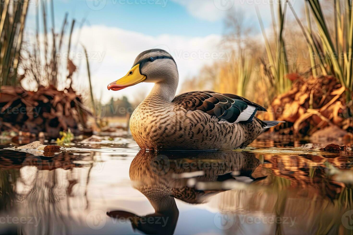 Porträt von ein Stockente Ente Schwimmen im ein Fluss ai generaiv foto