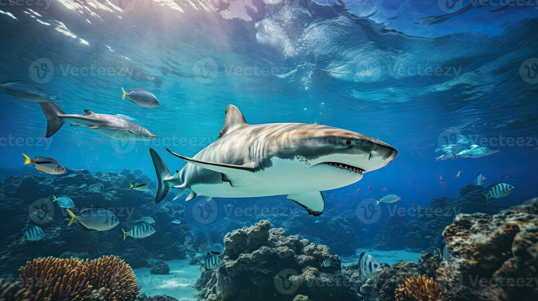 Porträt unheimlich Weiß Hai erscheint im das Meer ai generativ foto