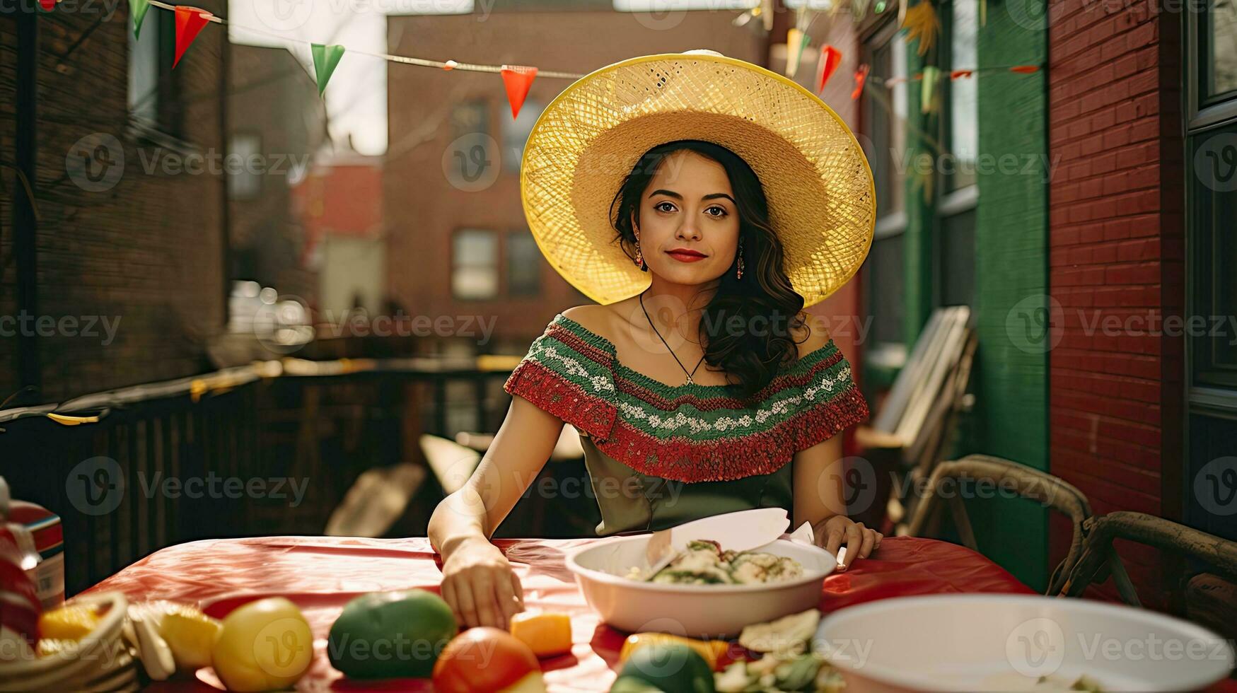 Frau tragen Sombrero mit Tacos auf das Tabelle ai generativ foto