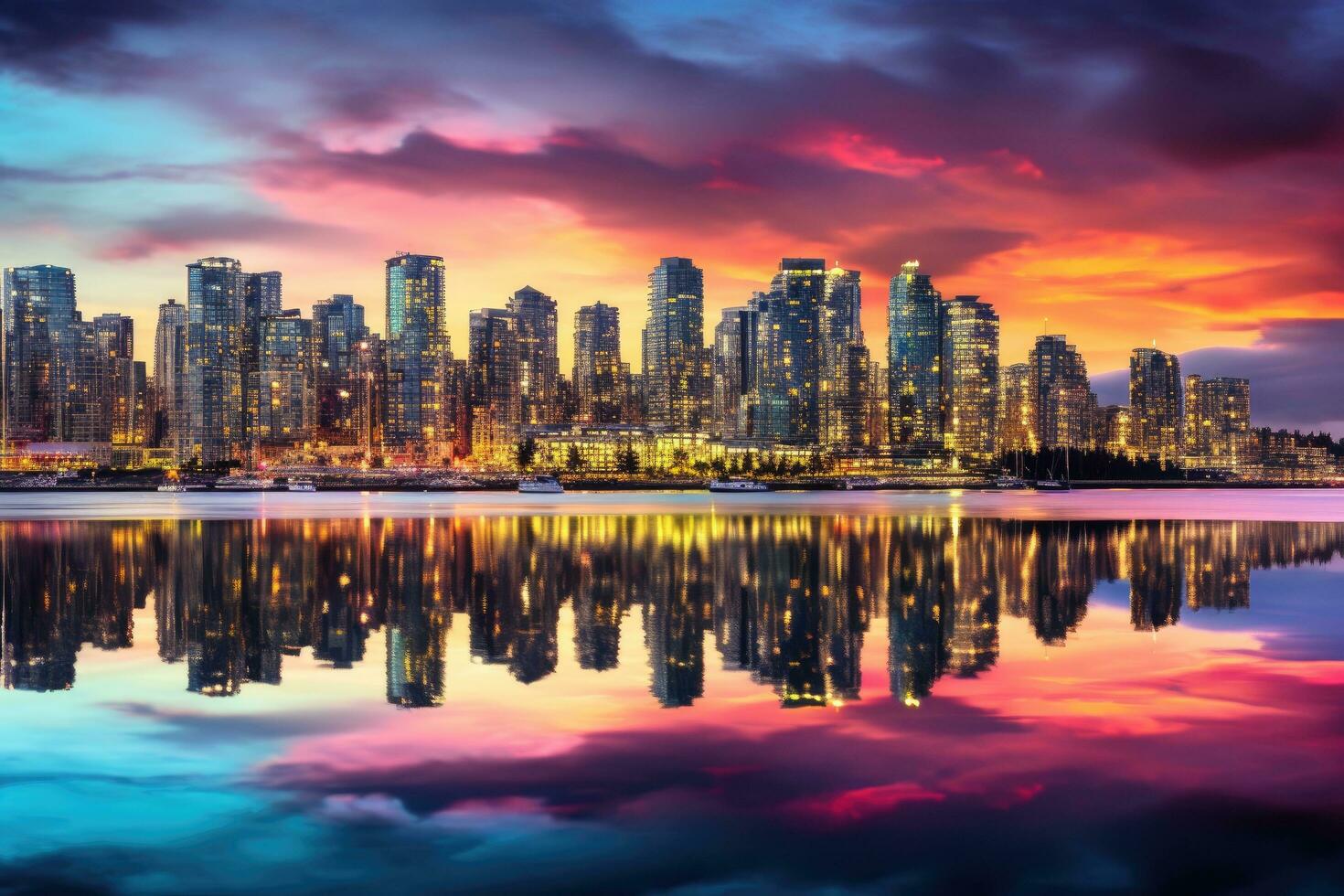 Sonnenuntergang im das Stadt mit Betrachtung von Wolkenkratzer im Wasser, schön Aussicht von Innenstadt Vancouver Horizont, britisch Columbia, Kanada, ai generiert foto