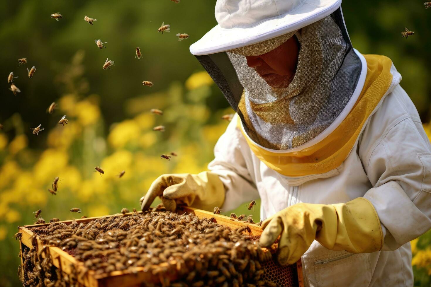 Imker Arbeiten auf Bienenwabe im Bienenhaus. Imker ist Ernte Honig, Imker mit Schutz passen und Helm halten Bienenwabe mit Bienen, ai generiert foto