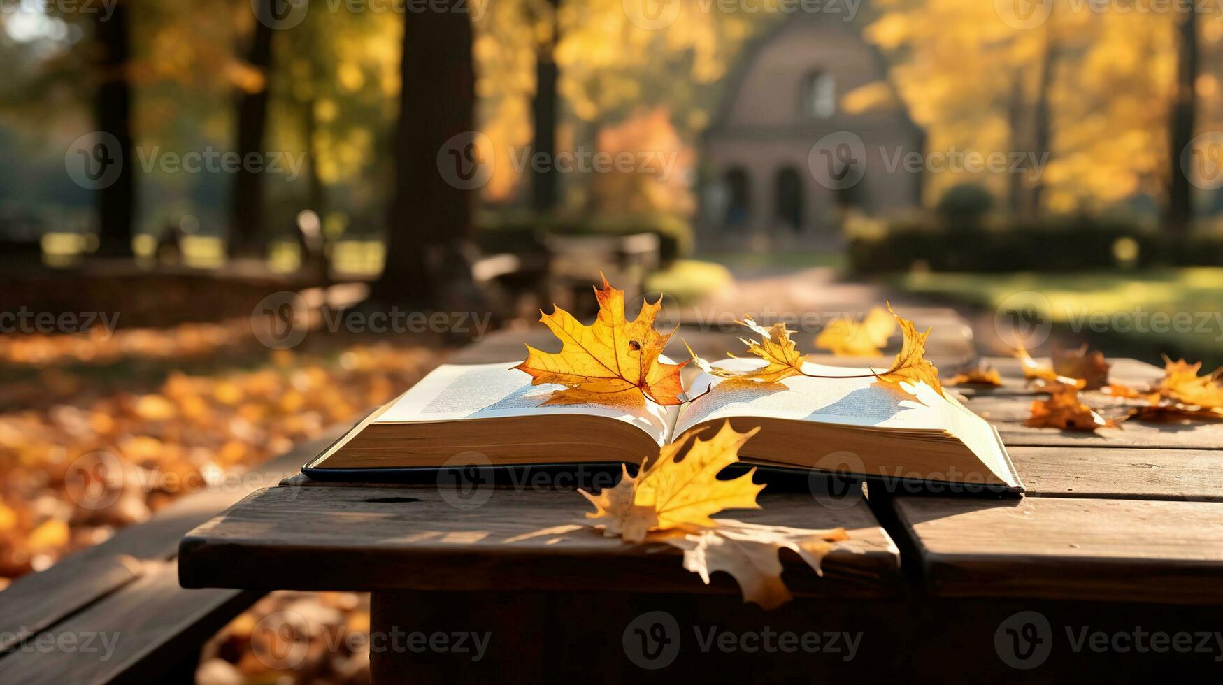 rustikal Herbst Schwingungen, öffnen Buch auf hölzern Bank inmitten fallen Laub. generativ ai foto