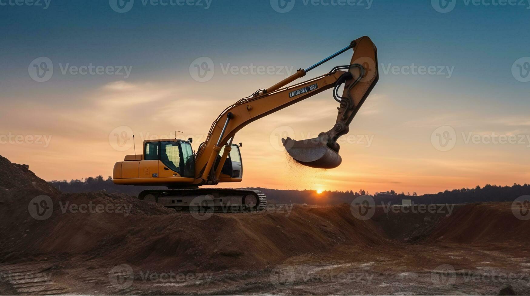 ein Bagger anmutig tanzen im das öffnen Grube Bergbau. Sonnenuntergang im das Steinbruch. generativ ai foto