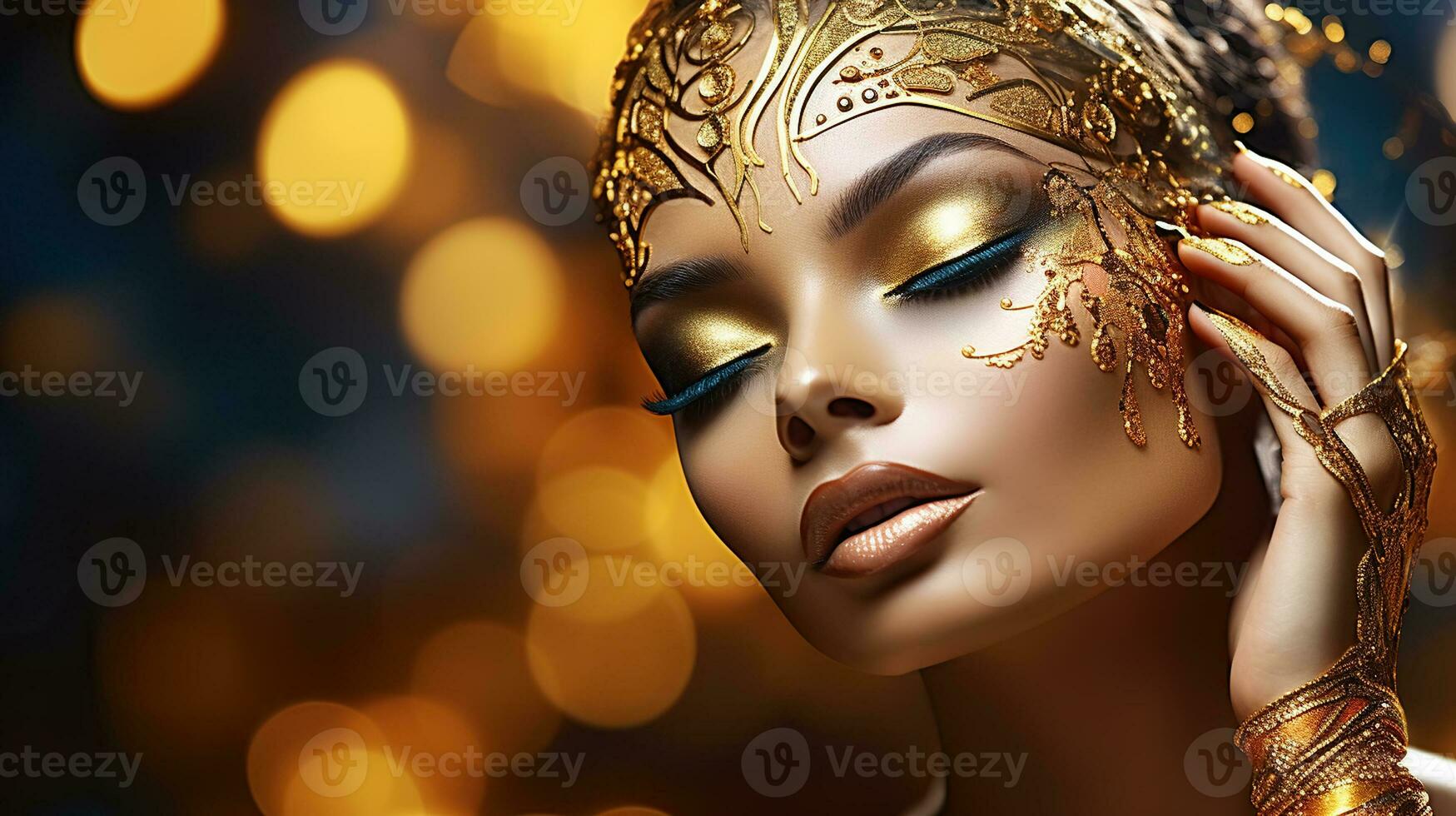 Magie Frau Mode mit Urlaub golden bilden. Modell- Mädchen Gesicht mit Gold Haut, Nägel, bilden und Zubehör foto
