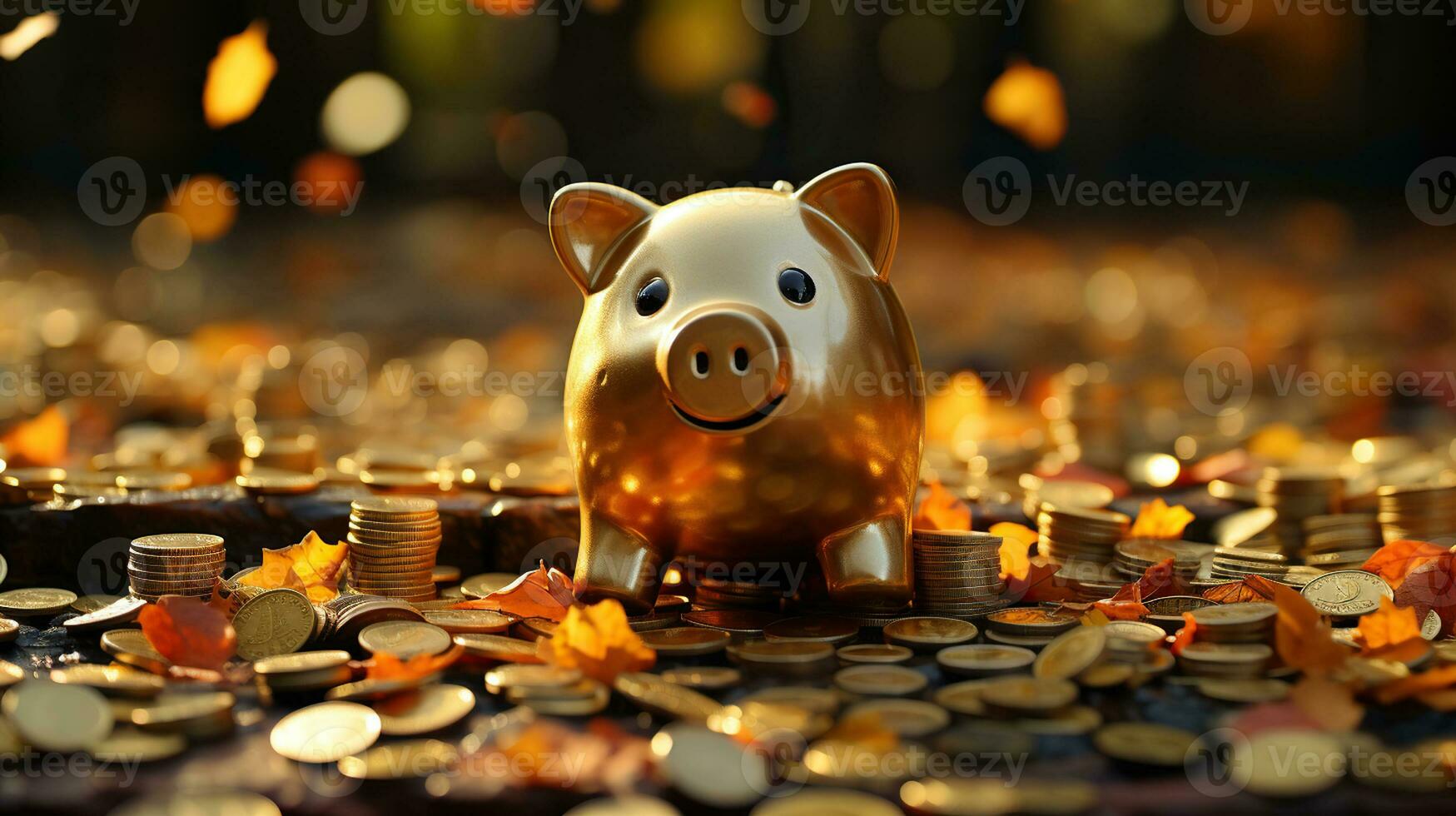 Finanzen Konzept. golden Schweinchen Bank mit um Münzen. Ersparnisse und Investition, Geschäft und Geld foto