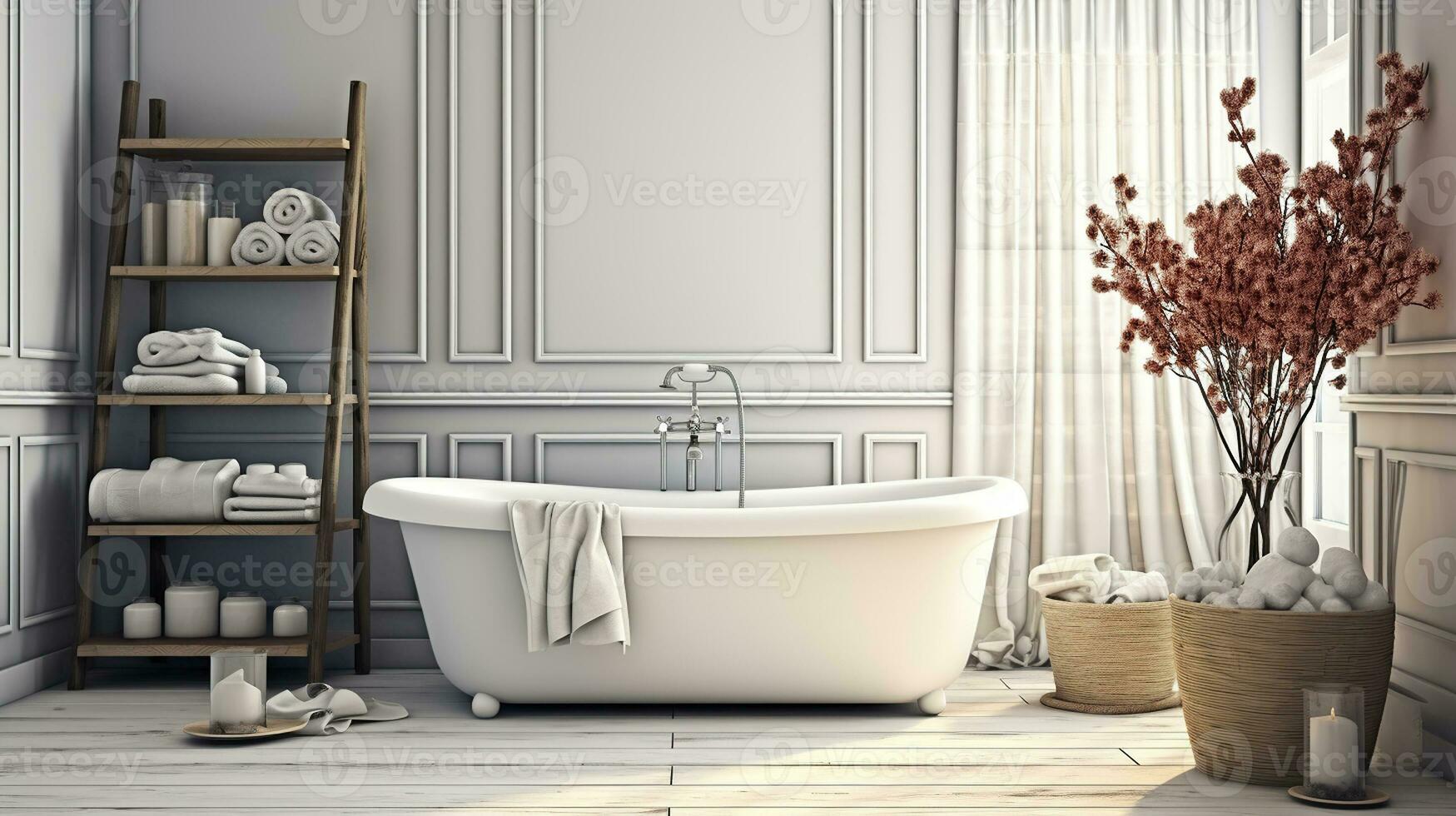 Weiß Badezimmer mit Badewanne, Parkett, und Dekorationen, Über Weiß Tabelle oben oder Regal mit Strohhalme, trocken Pflanzen, Ornament, Ohren, Garbe, und Ast im Vase. generativ ai foto