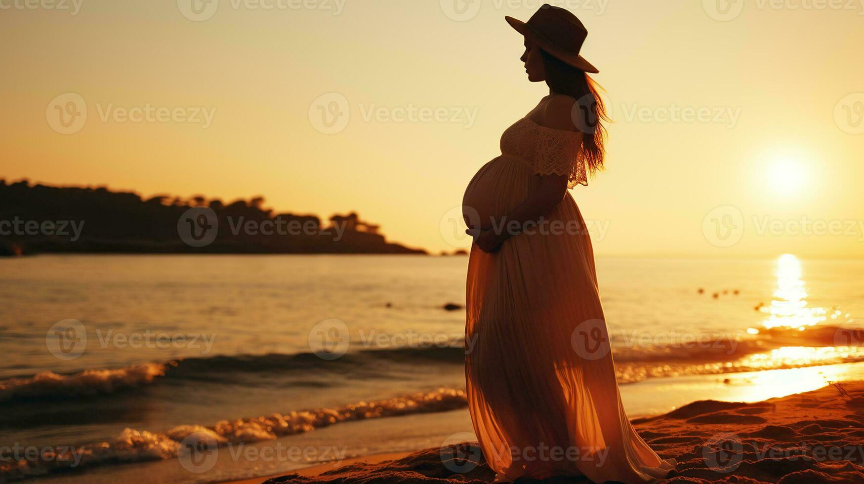 warten Neu Horizonte, schwanger Mutter heiter Bummel entlang das Küste. generativ ai foto