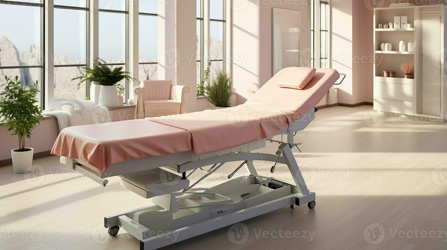 Innere von Kosmetologie Klinik. spezialisiert Couch zum Massage oder kosmetisch Verfahren im Mitte von hell Schönheit Salon. generativ ai foto