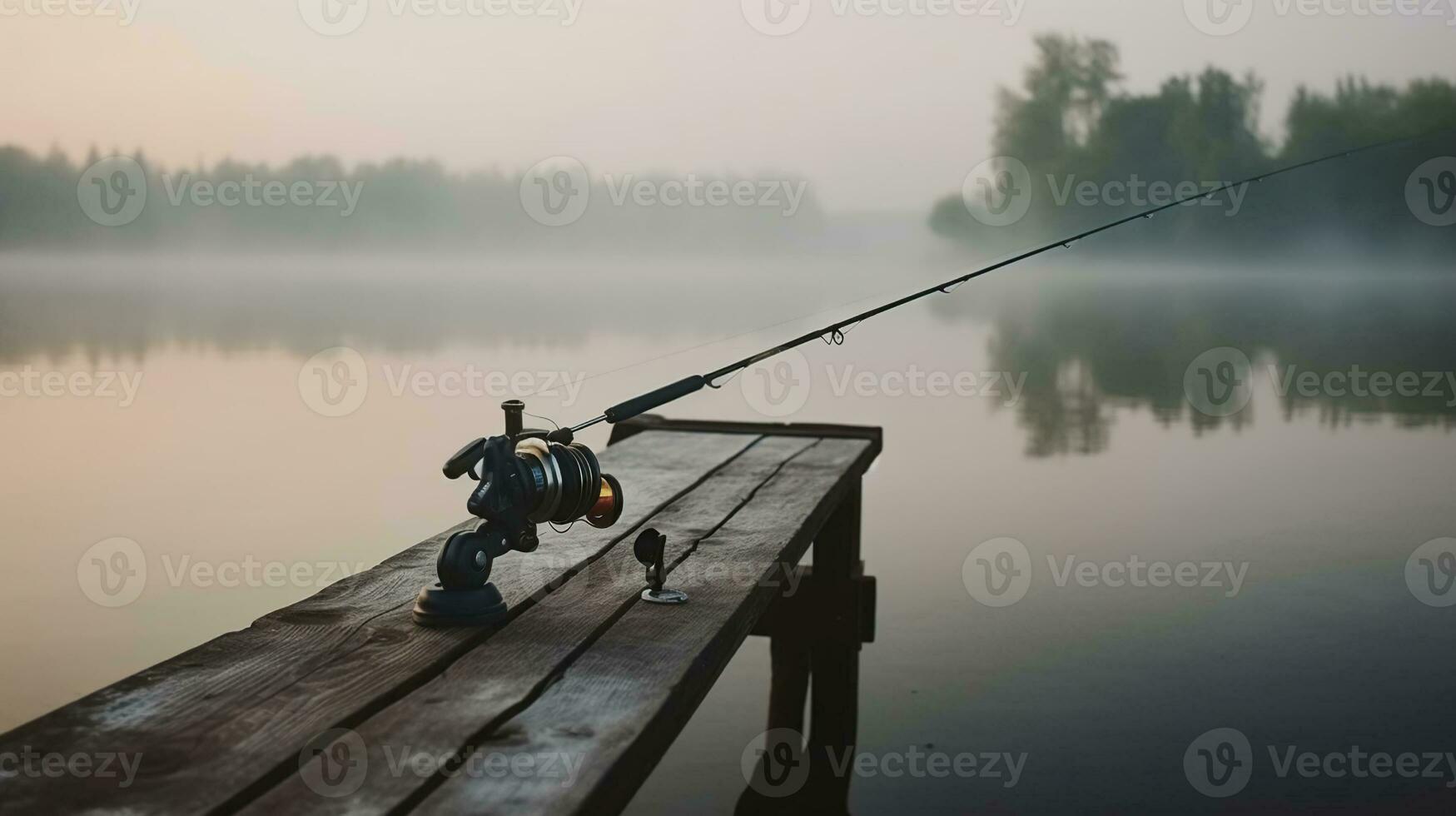 ein nebelig Morgen Angeln Abenteuer durch das Seebrücke. generativ ai foto